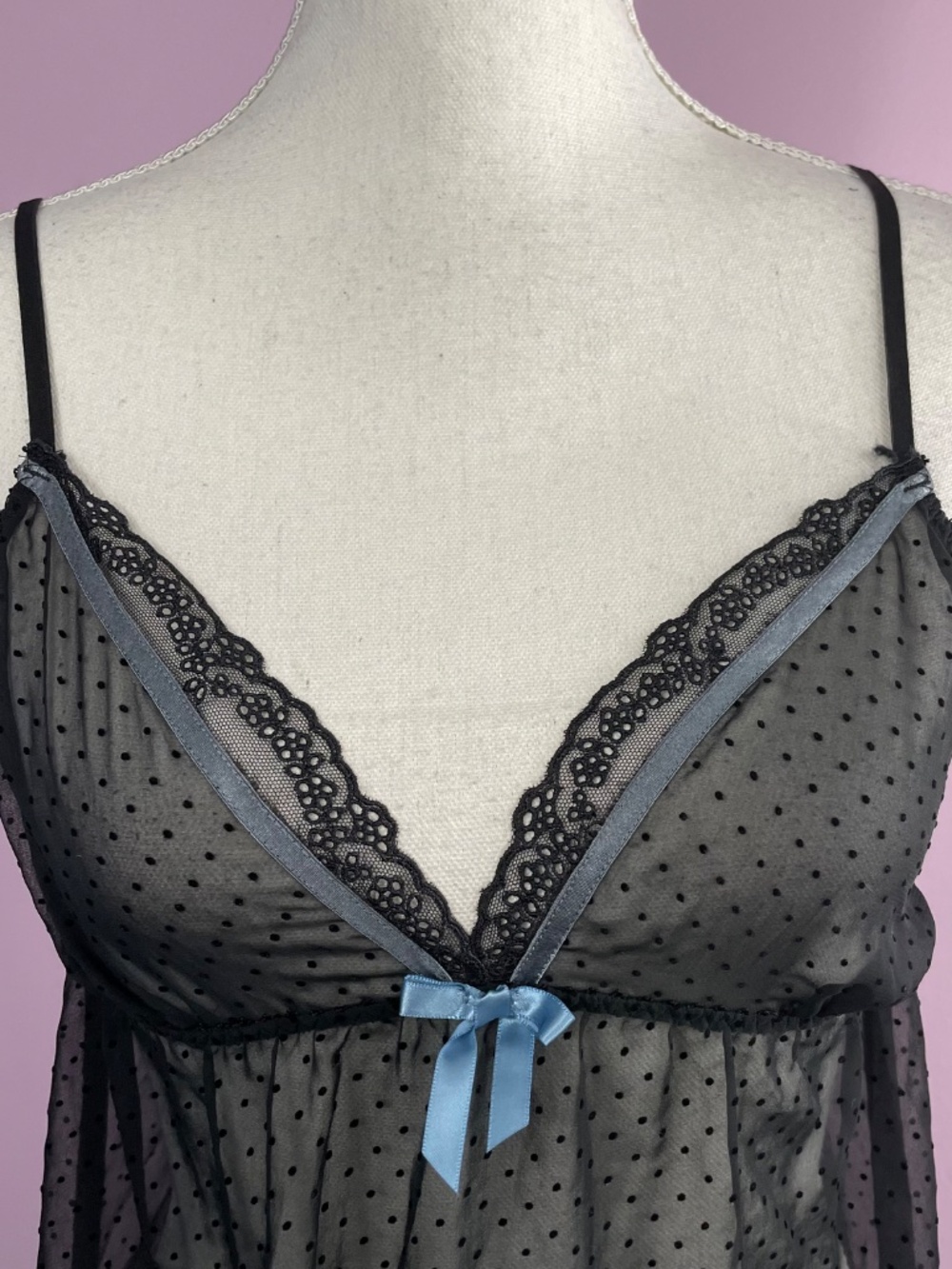 Whimsigoth Y2K Swiss Dot Babydoll Slip M Lace Trim Sheer Black Chemise Velvet